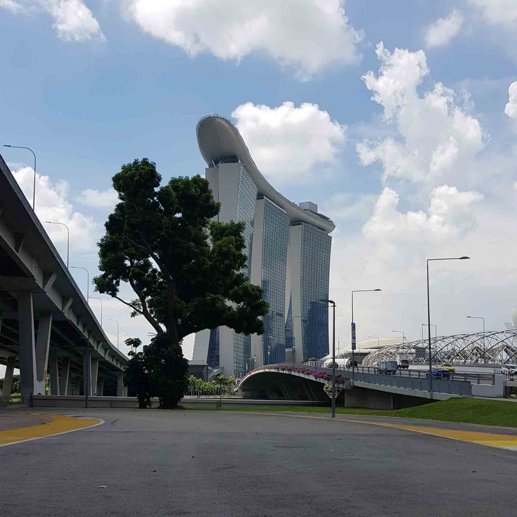 Side View of Marina Bay Sands Hotel from Highway from Taxi, Singapore